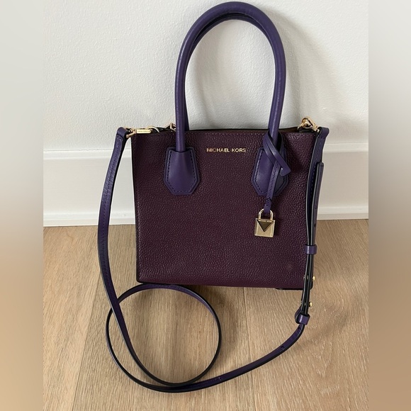NWOT MICHAEL KORS MERCER Studio colorblock messenger Leather damson iris bagtote - Picture 4 of 11